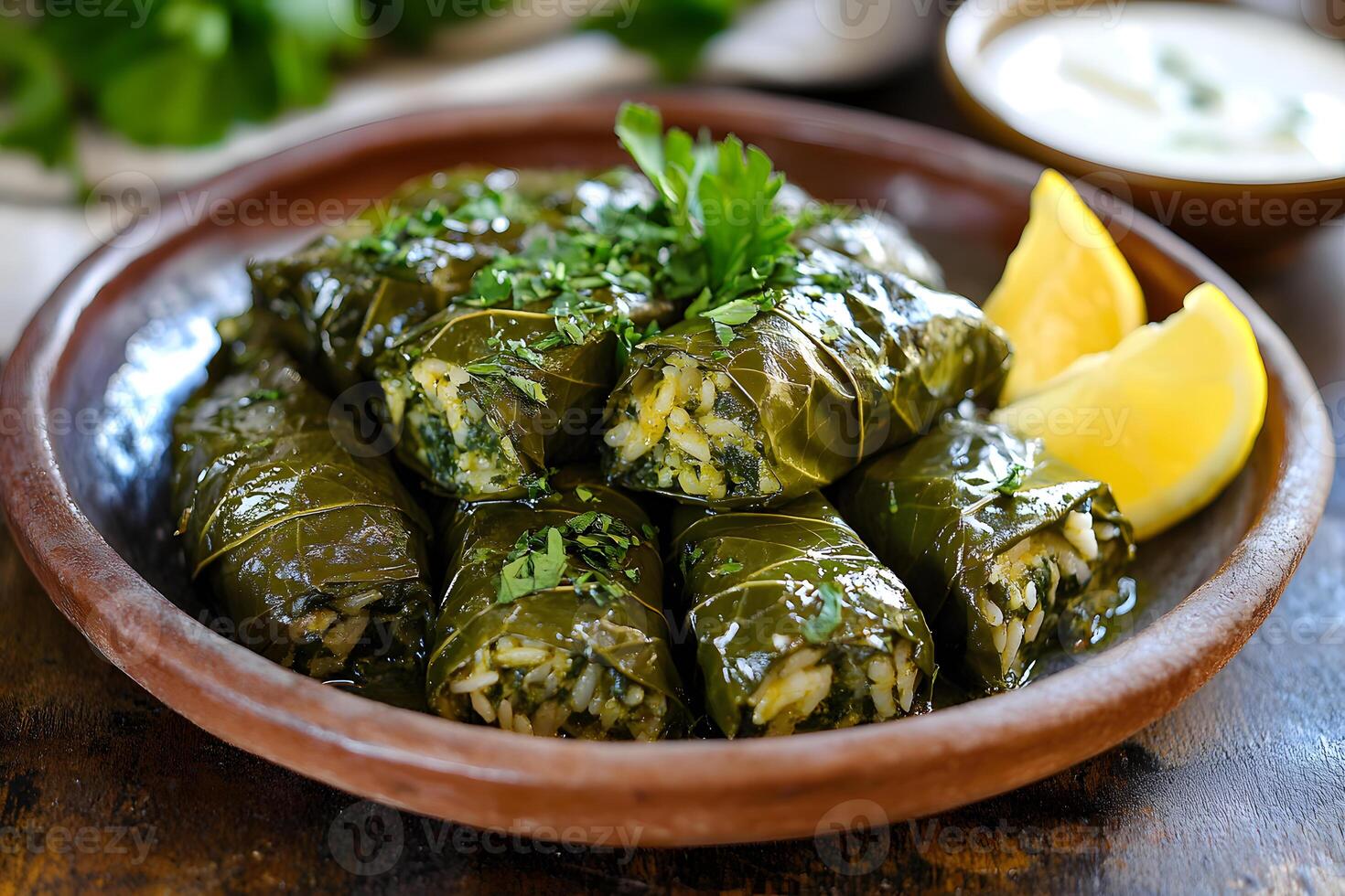 Glossy stuffed grape leaves filled with rice, herbs, and spices, drizzled with olive oil and topped with fresh parsley photo