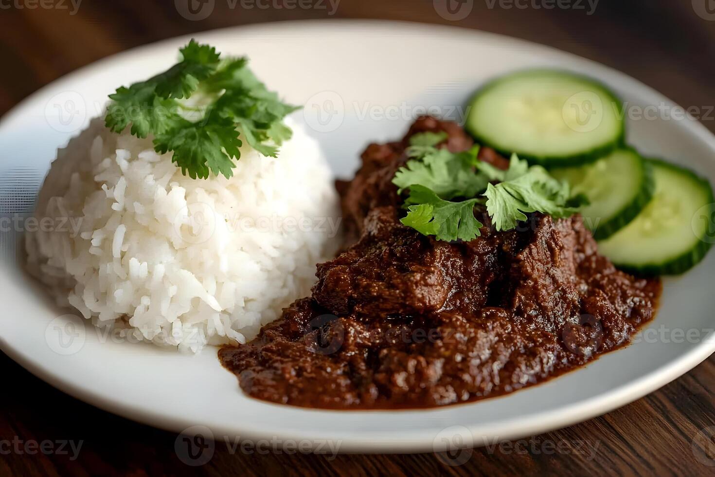 Traditional Malaysian Beef Rendang with tender beef slow-cooked in a rich coconut sauce and aromatic spices photo