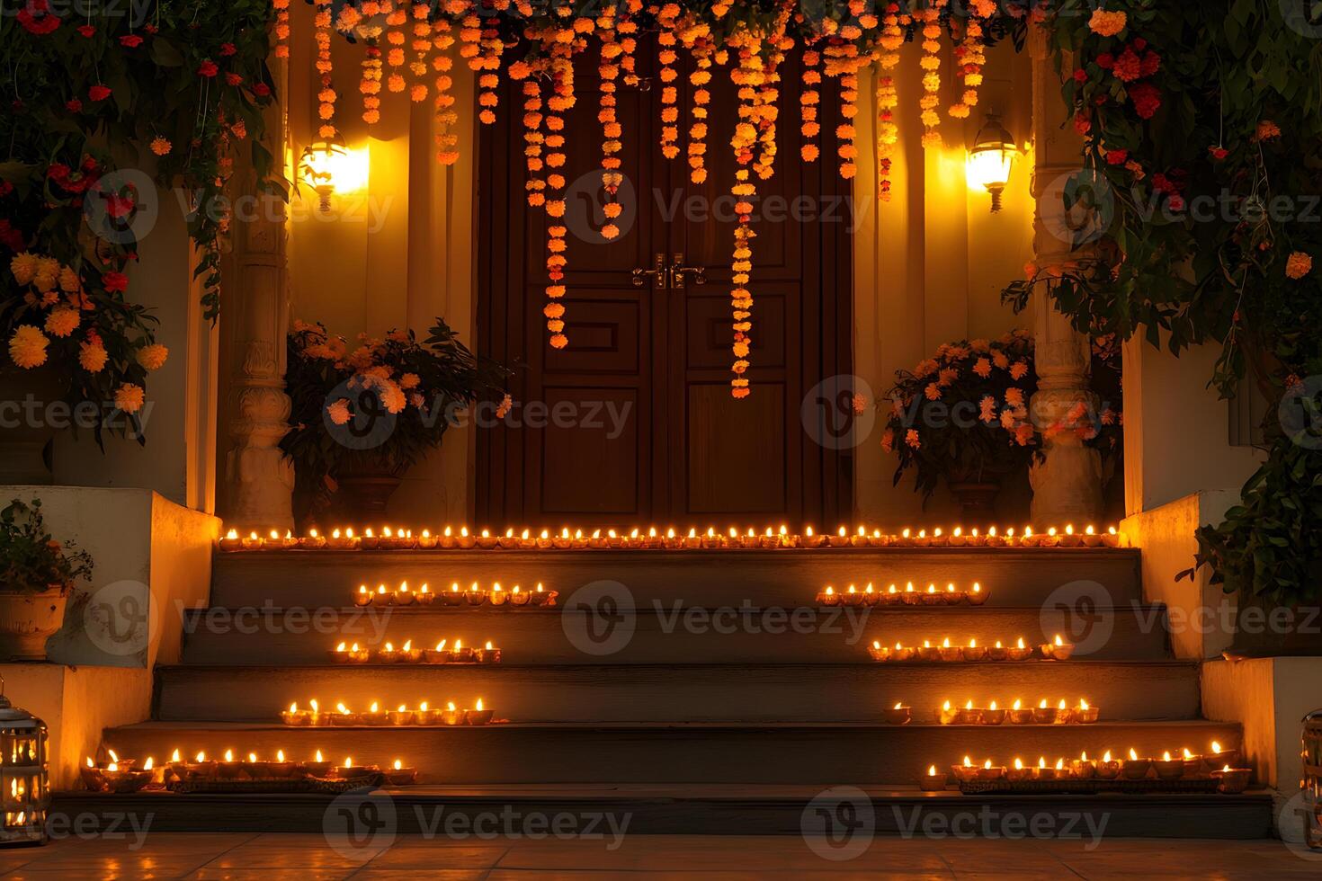 Festive entrance with rows of diyas glowing on steps for Diwali night. photo