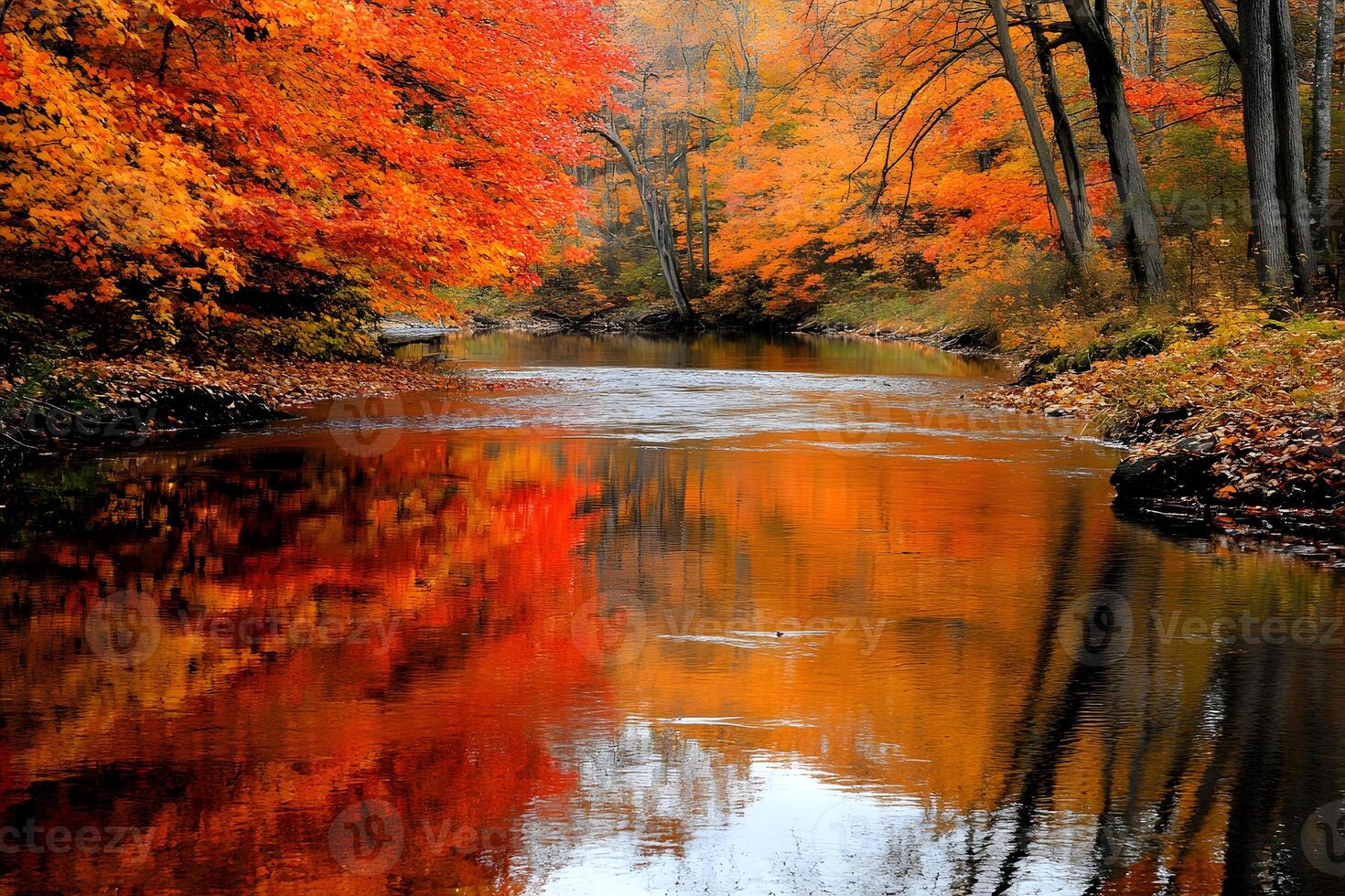 Serene autumn scene with vibrant red, orange, and yellow leaves perfectly mirrored in the calm river photo
