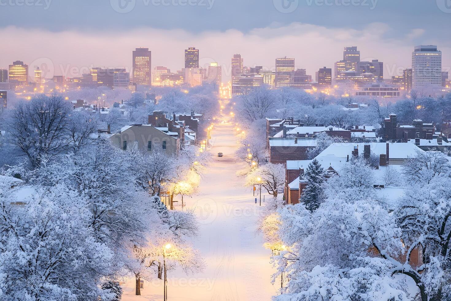Famous city landmarks blanketed in snow, with urban architecture softened by winter gentle touch photo