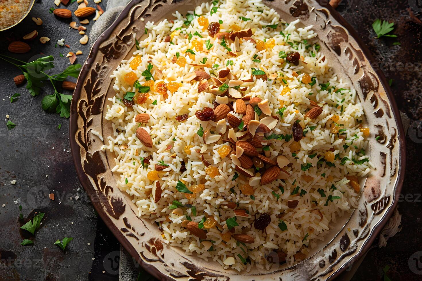 Fragrant Arabian rice delicately spiced with cinnamon, cardamom, and cloves, topped with toasted almonds and golden raisins. photo