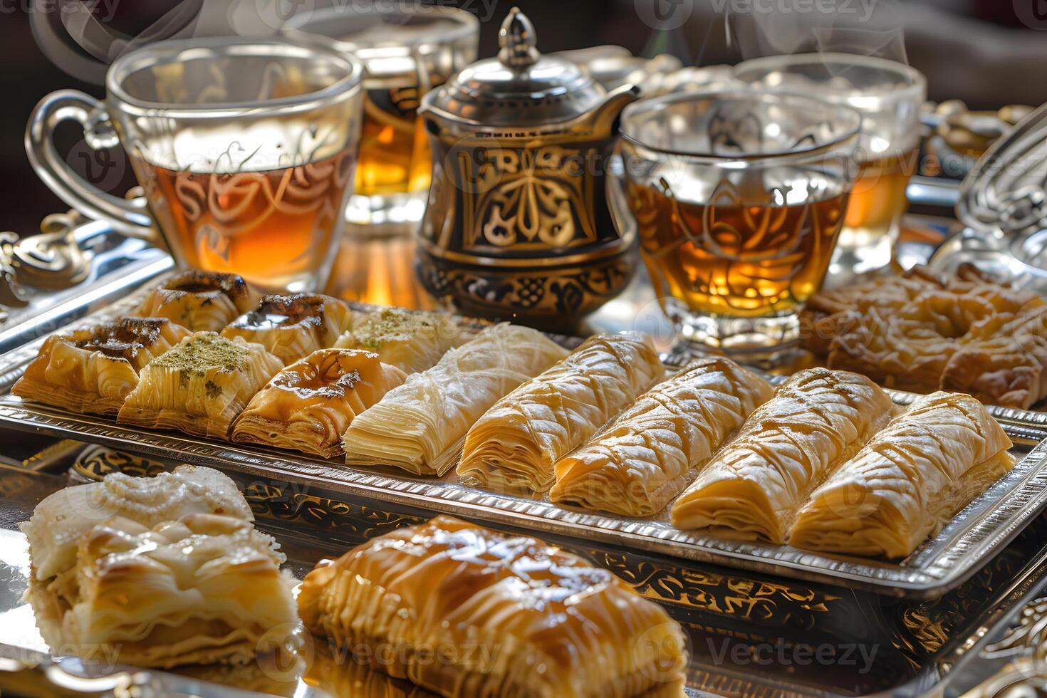 Golden baklava, date-filled ma'amoul, and crisp kunafa served with steaming pot of aromatic tea, a classic Arabian pastry selection photo