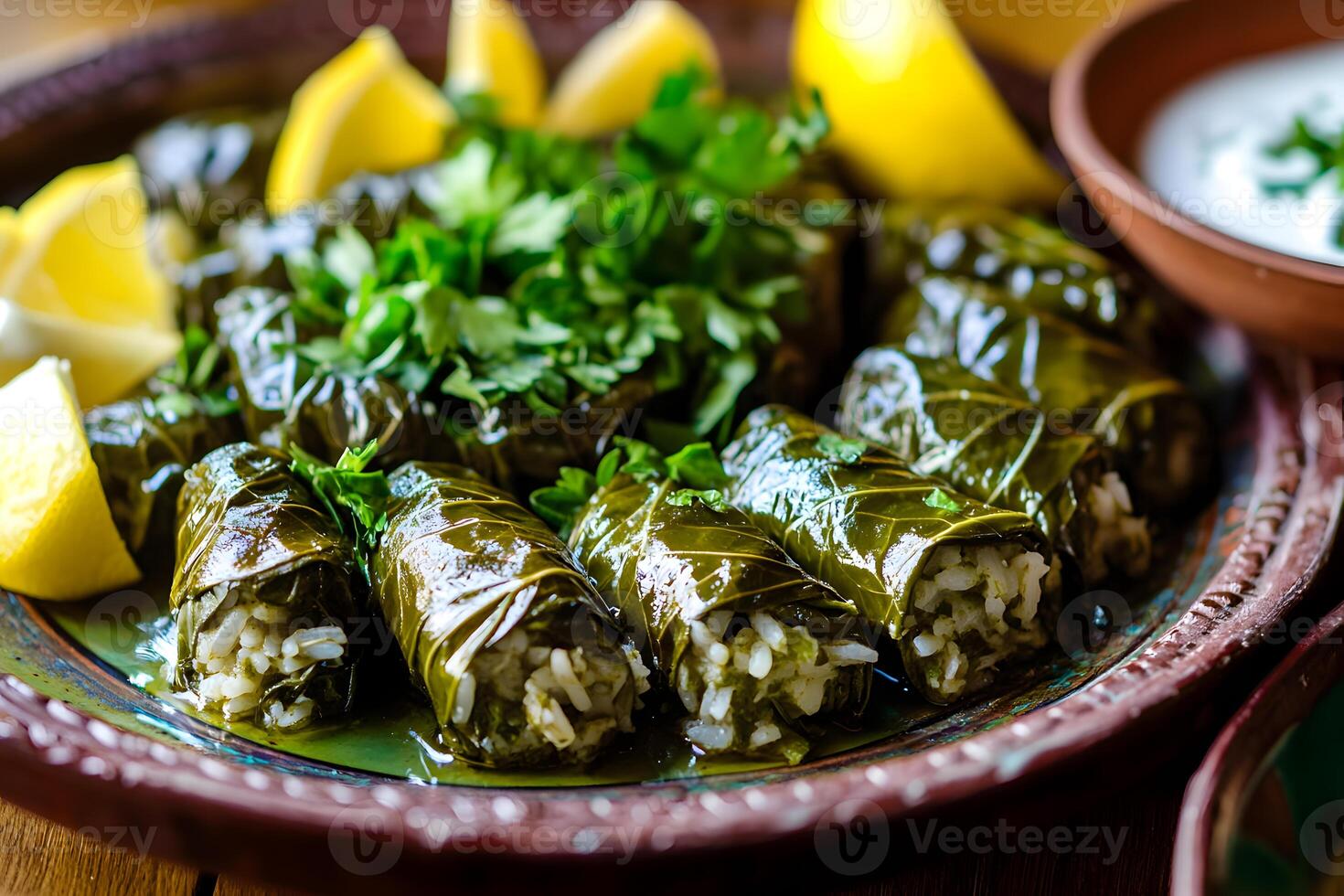 Stuffed grape leaves dolma with fragrant rice, herbs, and spices, drizzled with olive oil and topped with fresh parsley photo