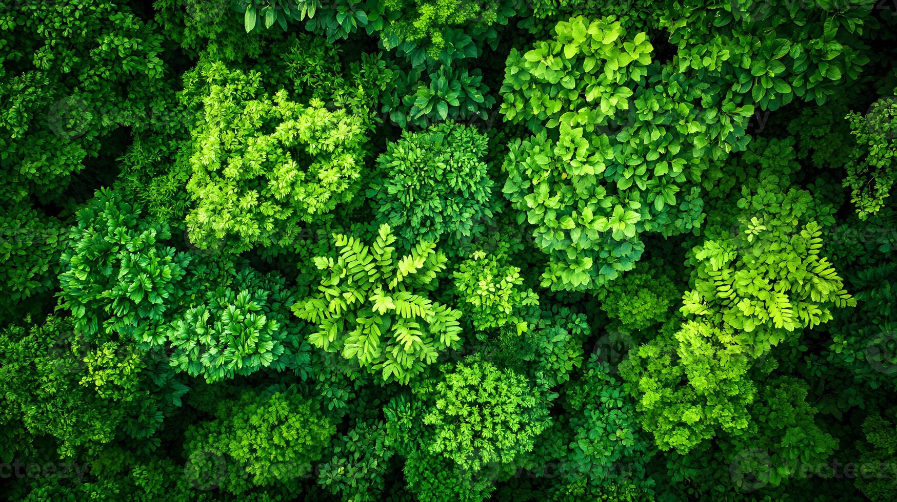 Aerial view of a lush forest canopy, displaying an intricate mosaic of light and dark green shades in a vibrant ecosystem. photo