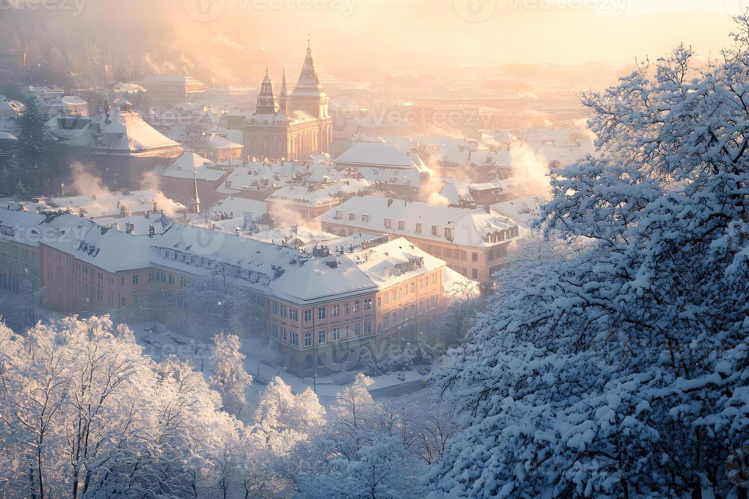 Cityscape with landmarks blanketed in fresh snow, highlighting softened architectural details in winter calm photo