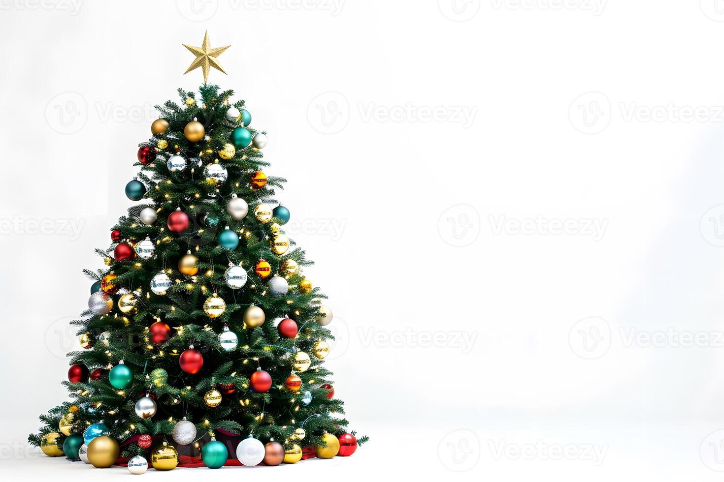 Decorated Christmas tree isolated on white background with lights and ornaments for the festive season photo