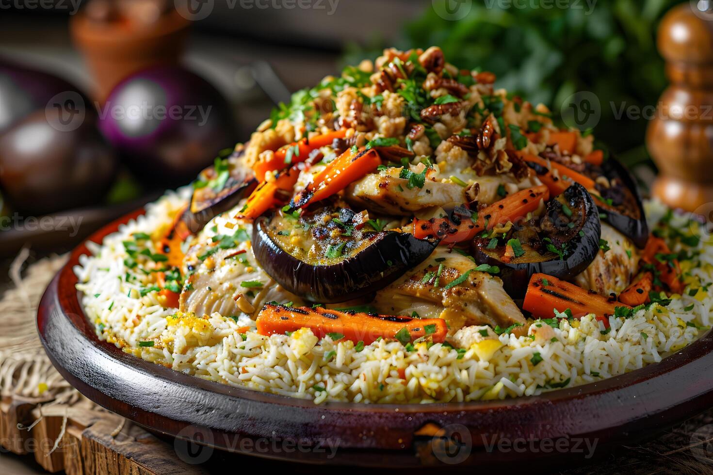 Traditional chicken maqluba with layers of tender chicken, fragrant rice, and vegetables, flipped to reveal a beautiful golden crust photo