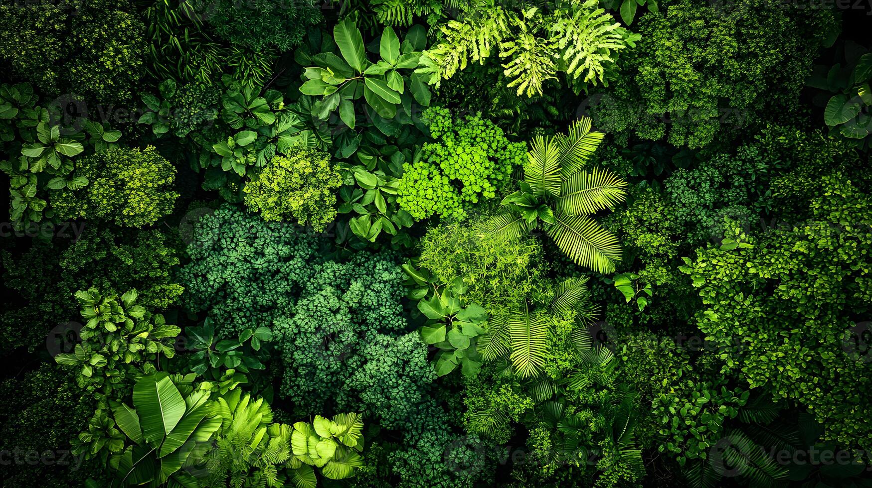 Aerial view of a lush green forest canopy, showcasing a vibrant mosaic of various shades of green. photo