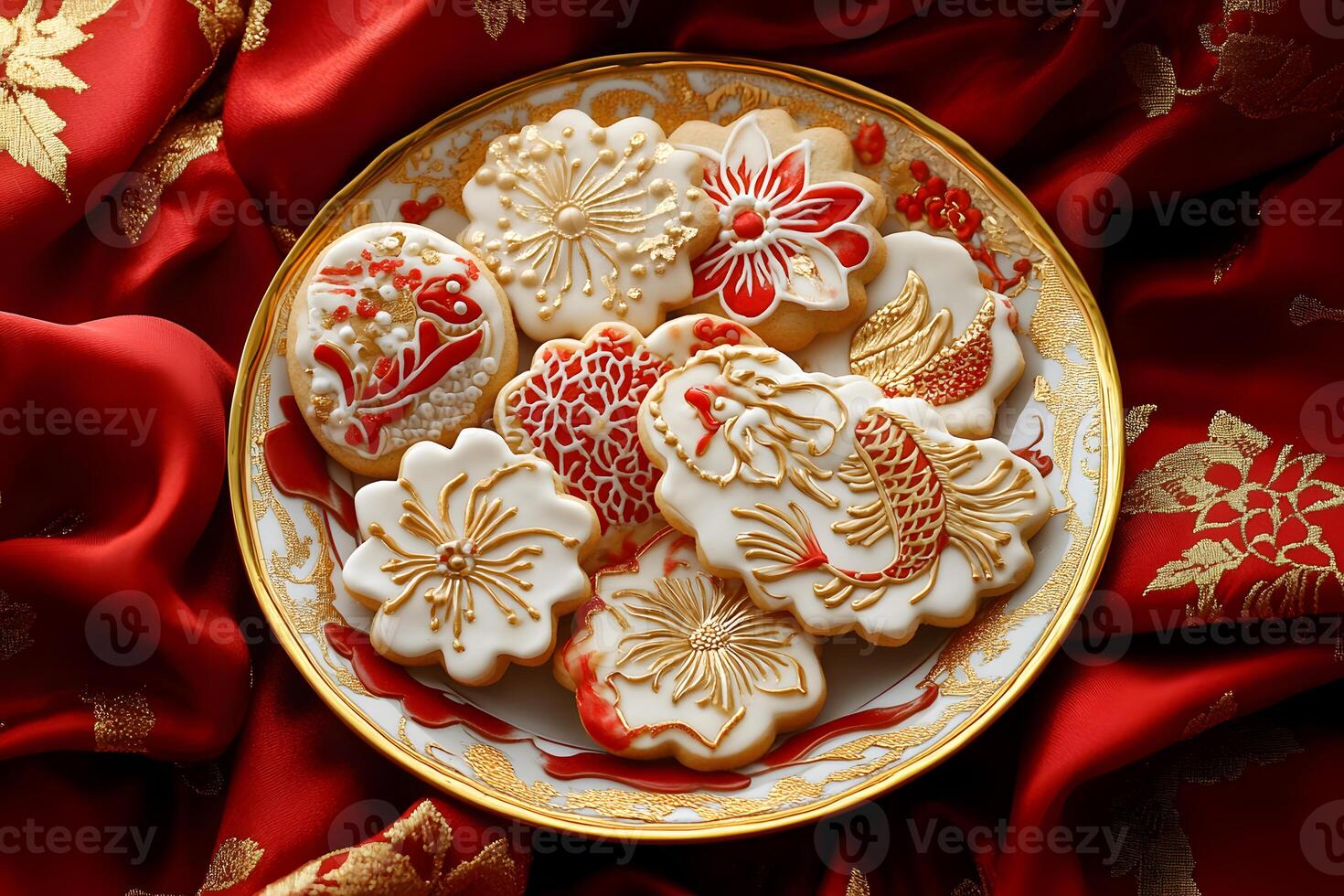 Decorative plate of Chinese New Year cookies with intricate designs in red, gold, and white photo