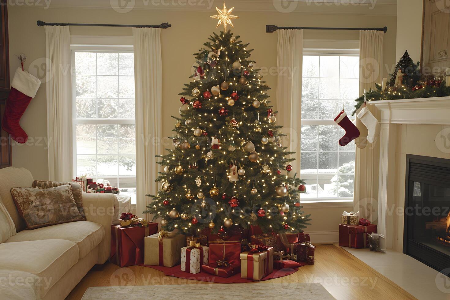A beautifully lit Christmas tree with gold and red ornaments, shimmering tinsel, and a star on top in a cozy home photo