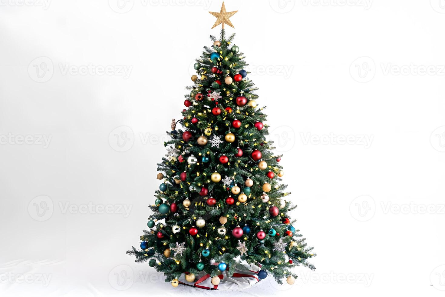Festive Christmas tree with ornaments and lights isolated on a white background for the holiday season photo