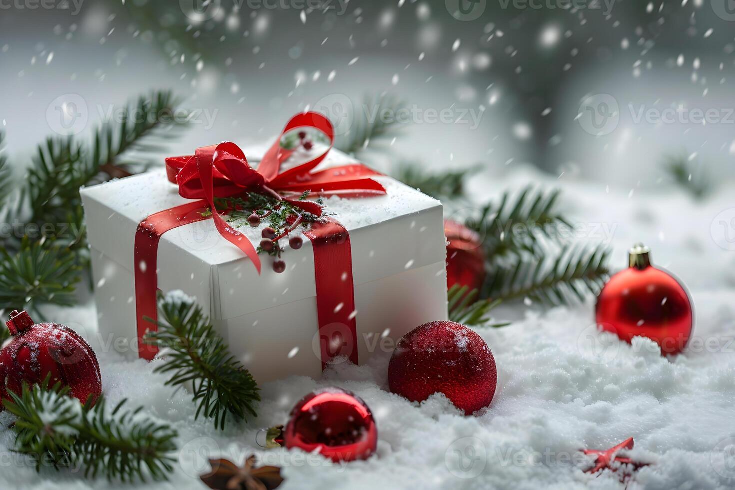 gift box with red ribbon and bow, resting on fresh snow, surrounded by green pine branches and red ornaments for a festive look photo