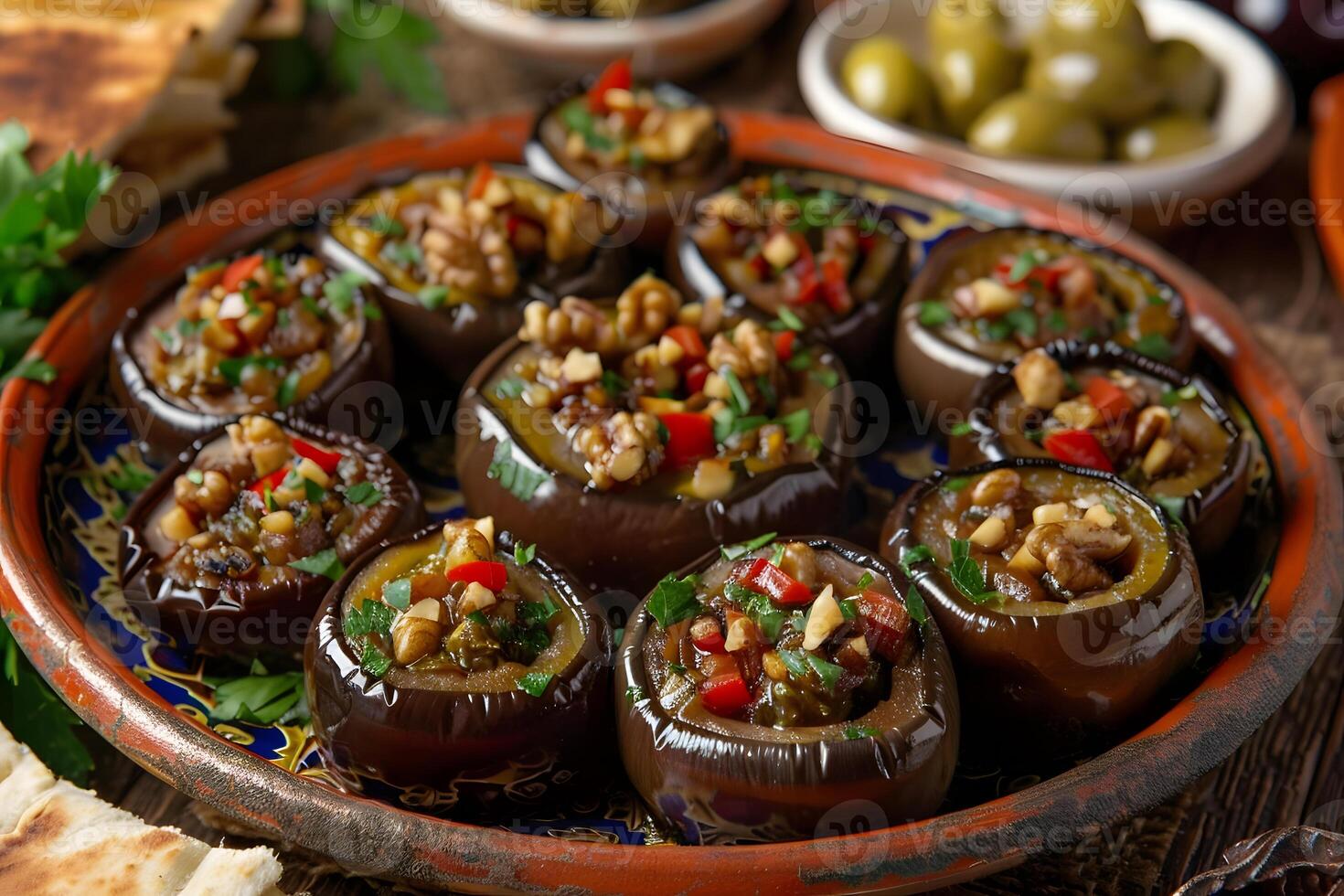 Beautifully arranged plate of makdous with stuffed eggplants filled with walnuts, garlic, and red pepper photo