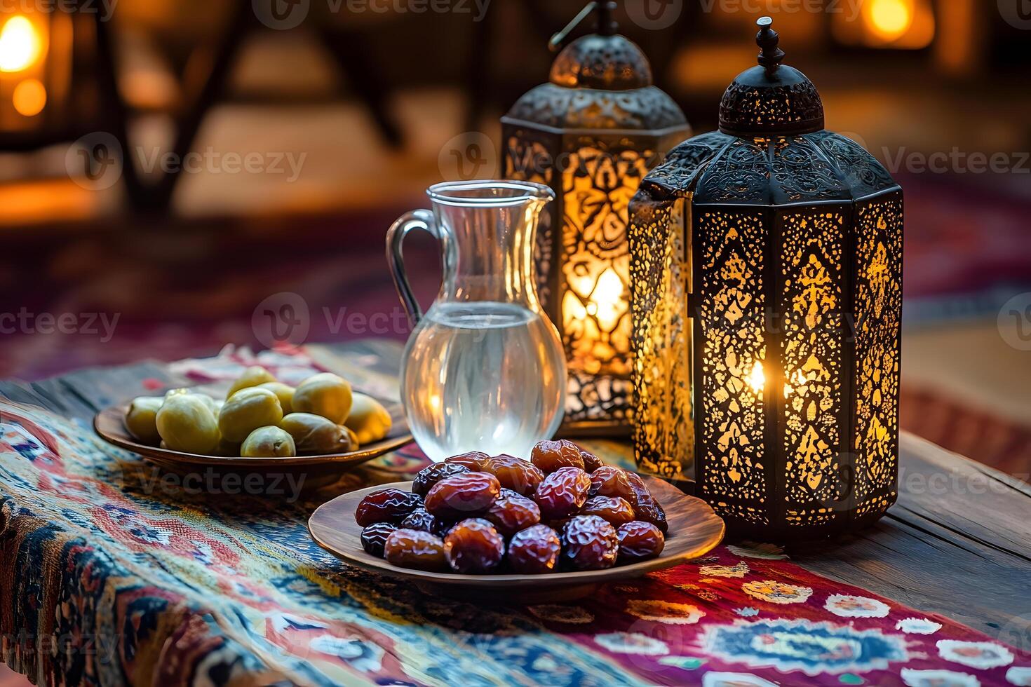 Elegant iftar table for Ramadan with dates, water, and warm light from lanterns. photo