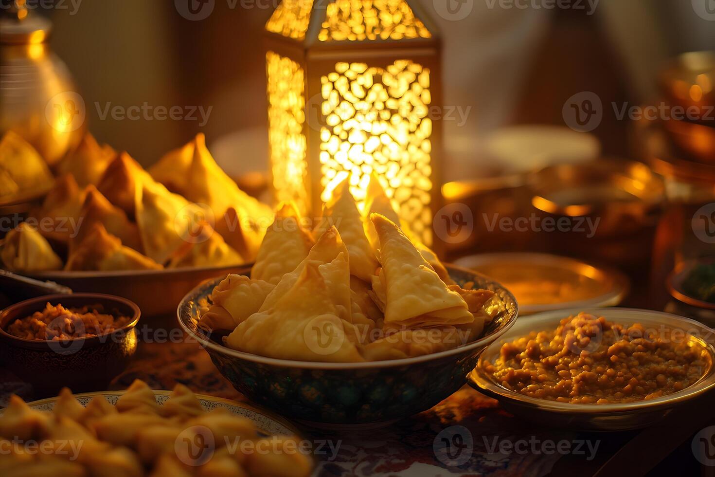 Beautiful Ramadan table setting for breaking the fast with traditional dishes and sweet treats. photo