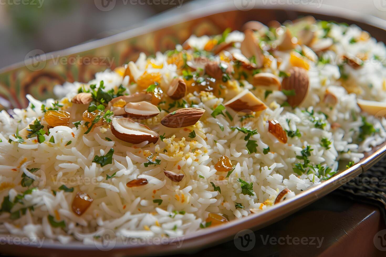 Fragrant spiced Arabian rice topped with toasted almonds and golden raisins, delicately flavored with cinnamon, cardamom, and cloves. photo