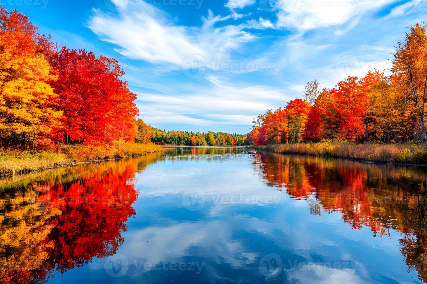 Vibrant red, orange, and yellow autumn leaves reflecting in the calm river on a peaceful day photo