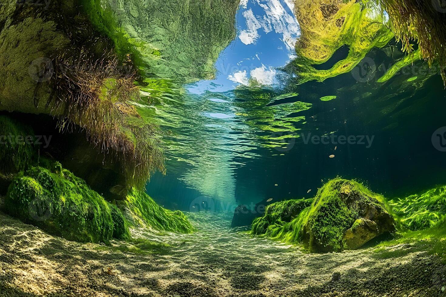 Serene crystal-clear river featuring underwater life and surface reflections in perfect harmony photo