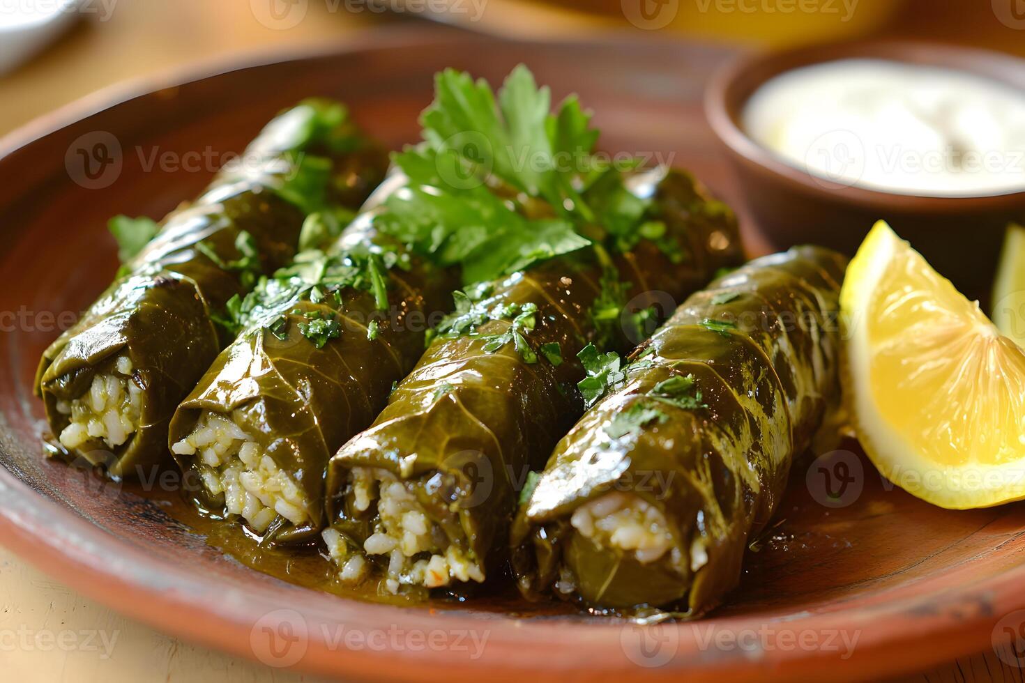Neatly rolled stuffed grape leaves dolma filled with rice, herbs, and spices, drizzled with olive oil and parsley garnish photo