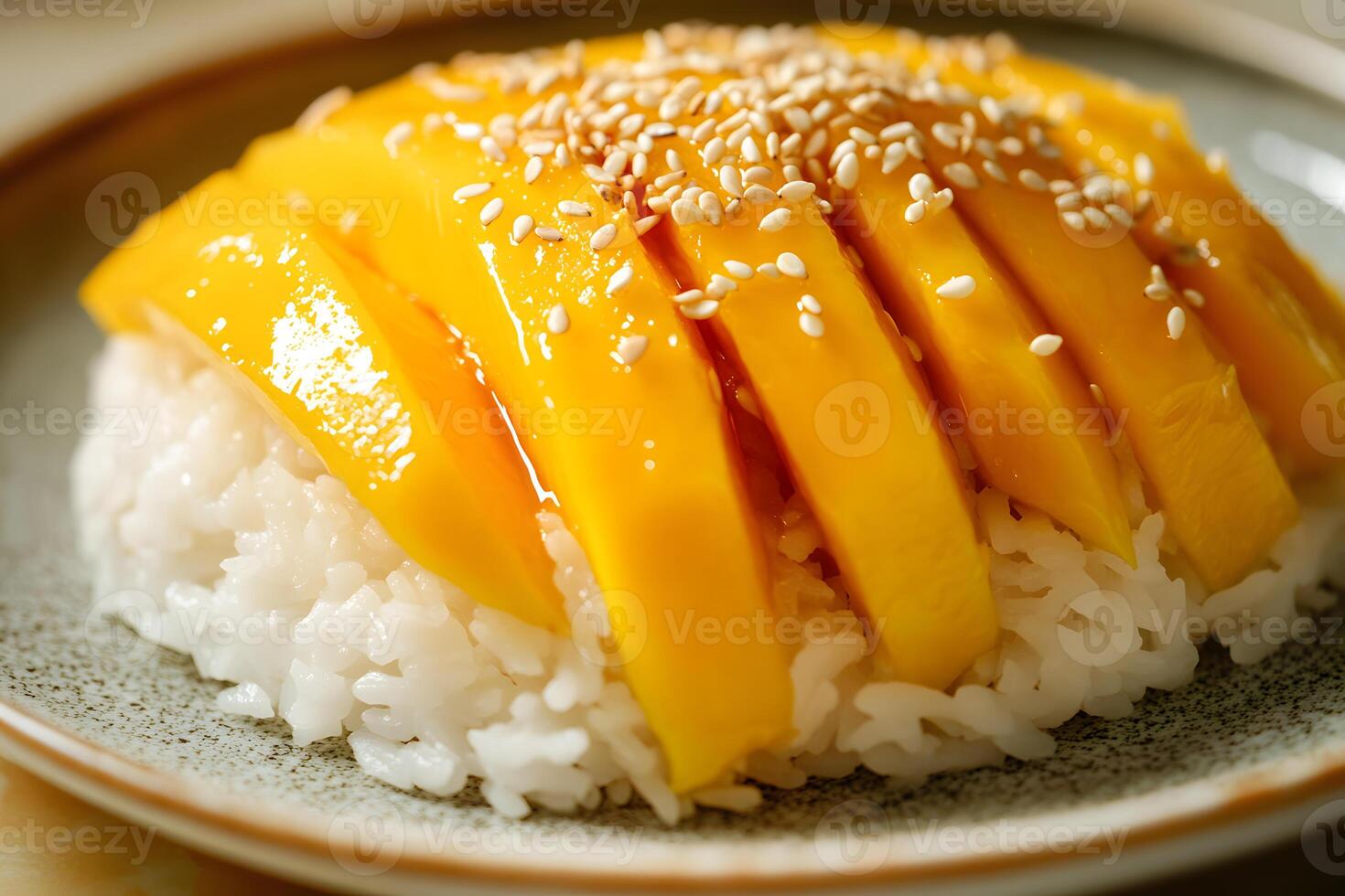 Refreshing mango sticky rice with perfectly ripe mango slices and coconut milk on sticky rice photo