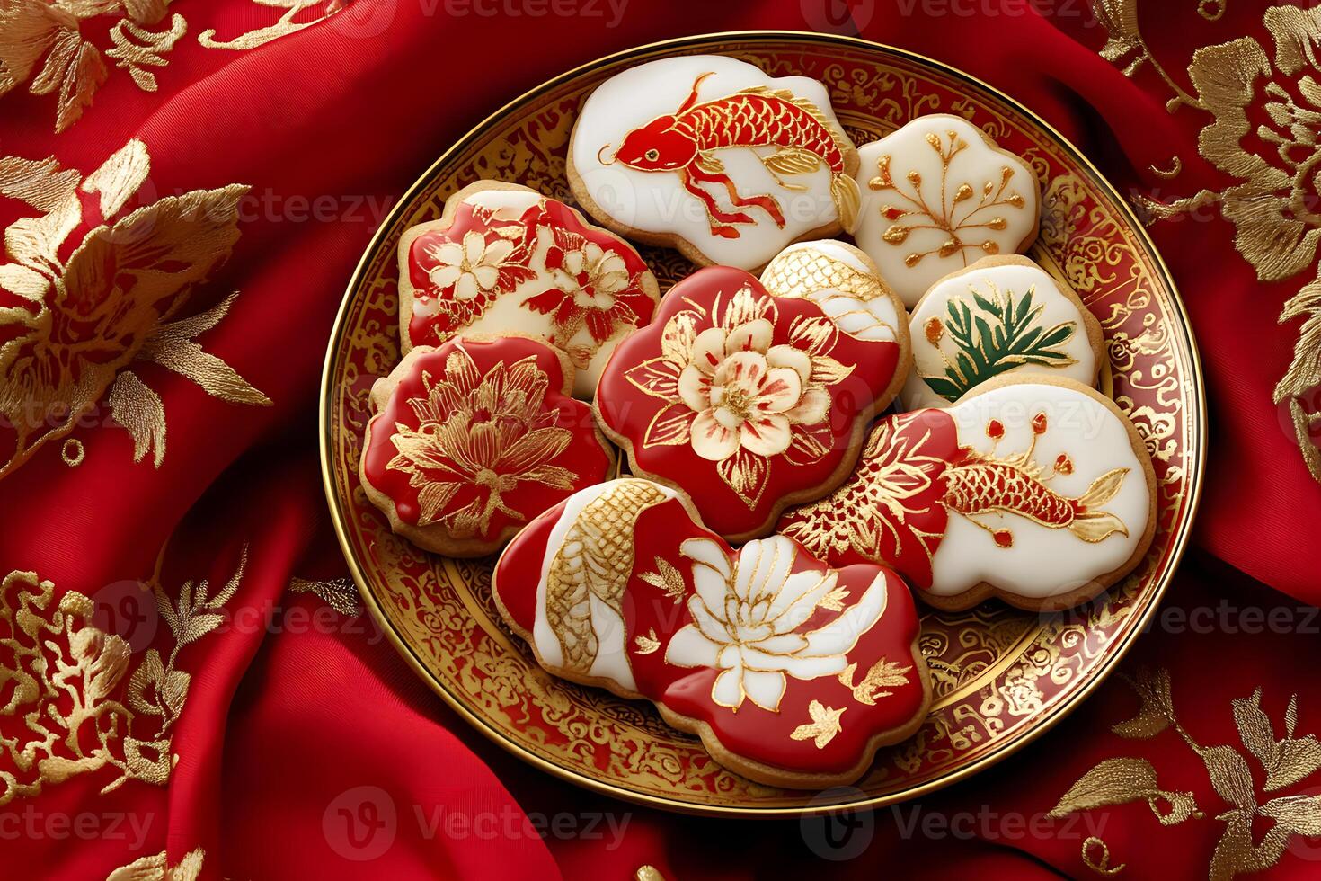 Intricately decorated Chinese New Year cookies arranged on a plate in red, gold, and white hues photo