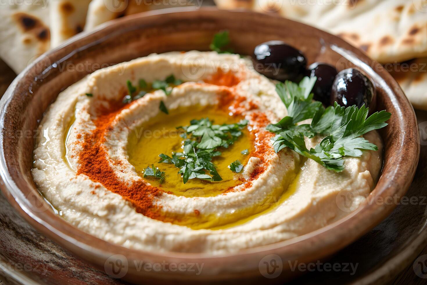 Bowl of creamy hummus garnished with olive oil drizzle, paprika, and fresh parsley leaves for a vibrant finish photo