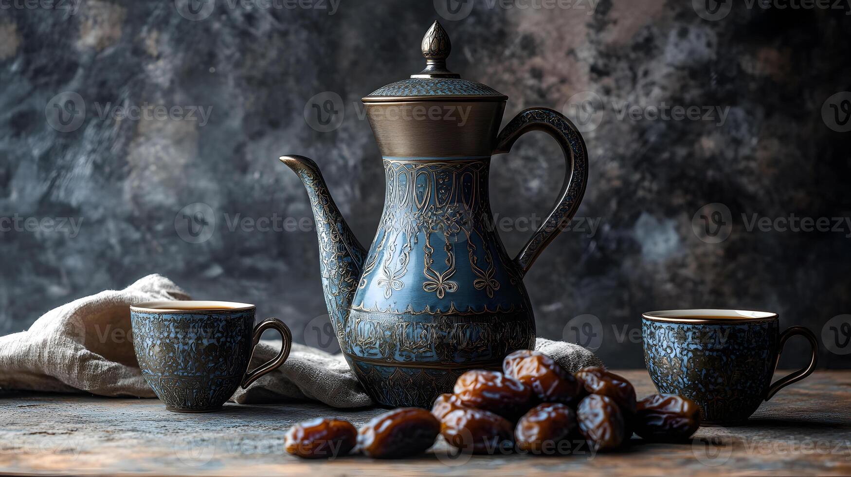 Arabic coffee dallah alongside traditional cups and dates, perfect for Ramadan gatherings. photo
