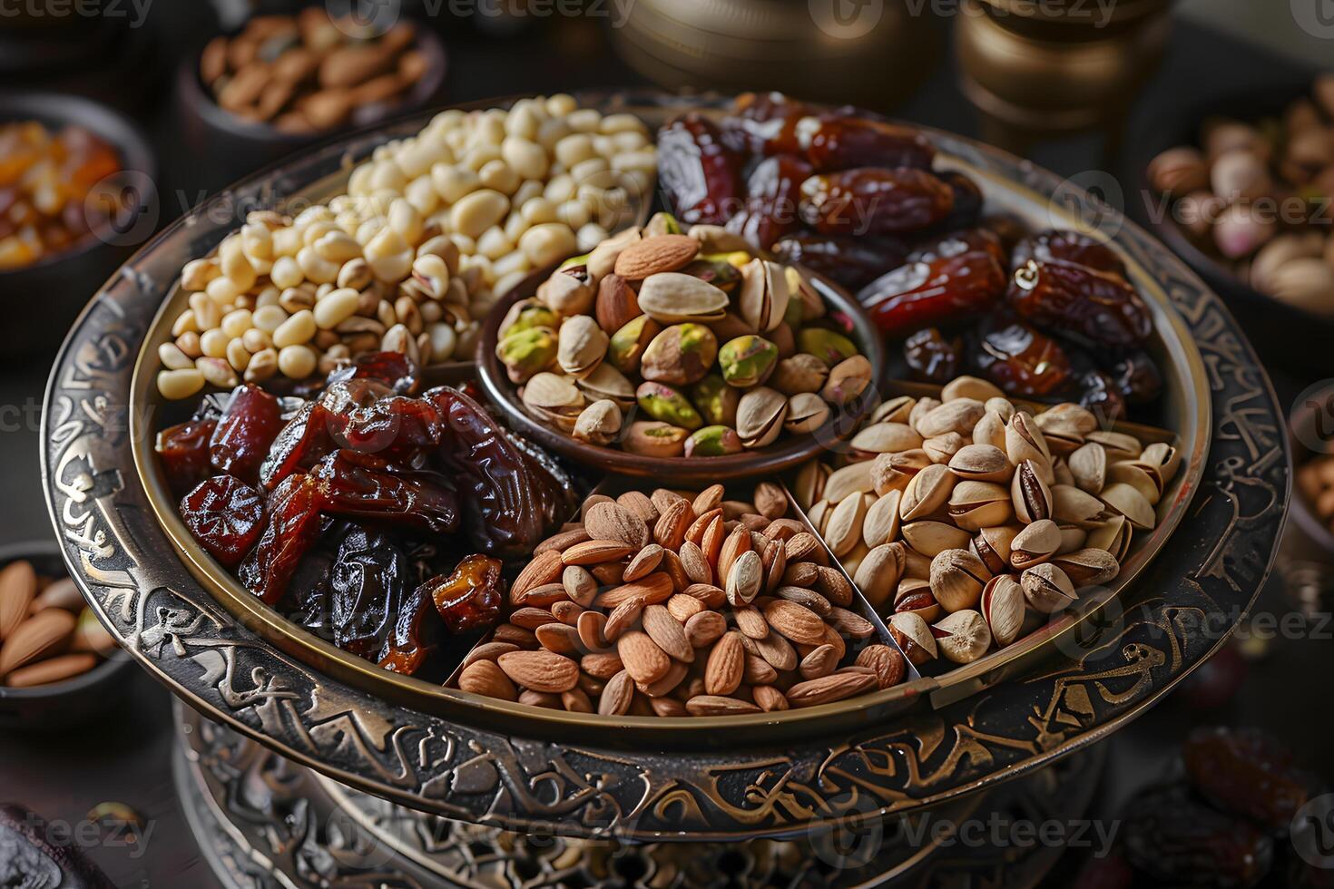 Delicious Arabian snacks selection with plump dried dates, toasted almonds, and crunchy pistachios for a traditional treat. photo