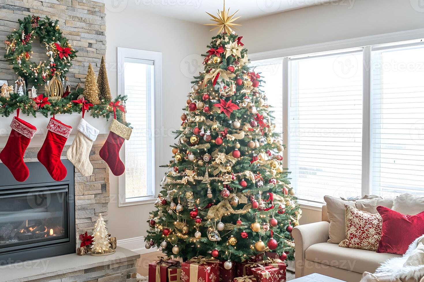 A beautifully adorned Christmas tree with gold and red ornaments, glittering tinsel, and a bright star in a warm living room photo