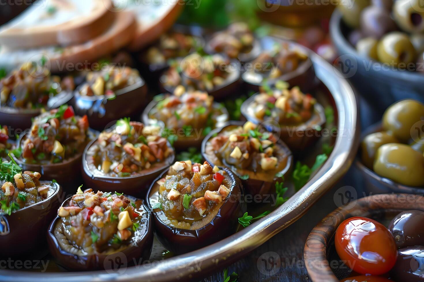 Beautifully presented makdous with preserved eggplants stuffed with walnuts, garlic, and red pepper filling photo