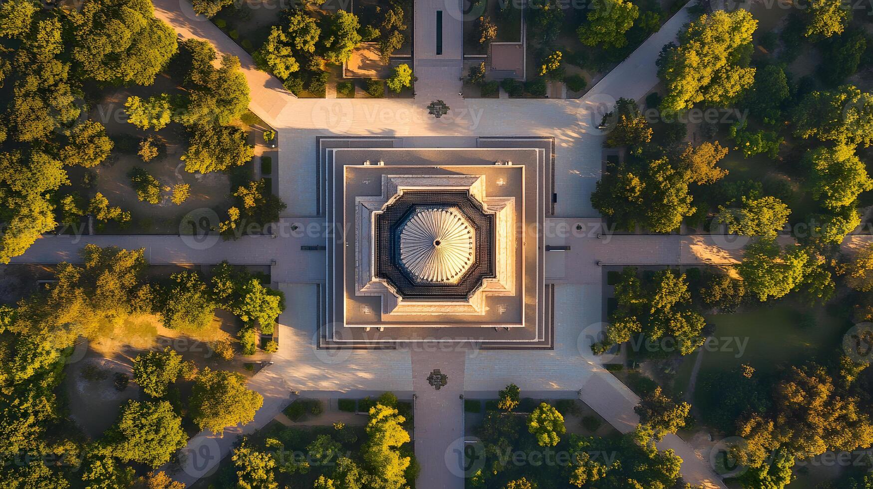 Aerial drone perspective of a mosque, capturing its symmetrical design and grand architectural layout from above photo