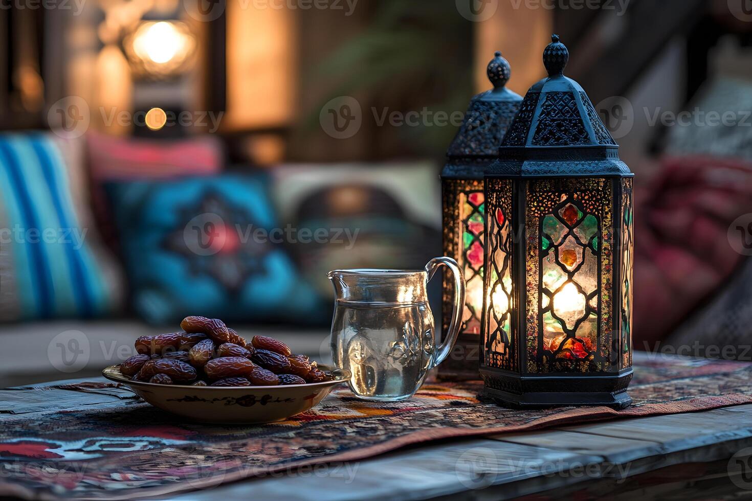 Ramadan iftar setting with ornate lanterns, dates in bowls, and a glass of water. photo