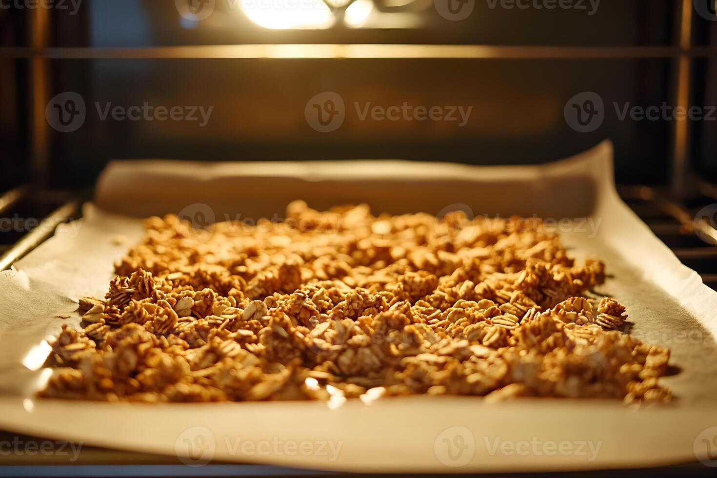 Granola baking on a tray with parchment paper, inside the oven, turning golden and crunchy for a healthy, homemade snack photo