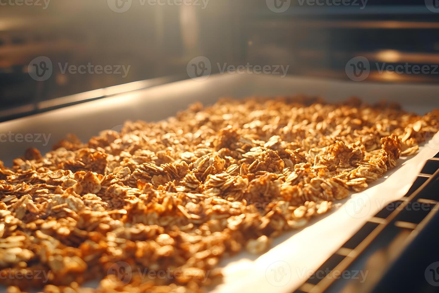 Granola on a baking tray with parchment paper, pulled fresh from the oven, golden brown and perfectly crisp for a healthy treat photo