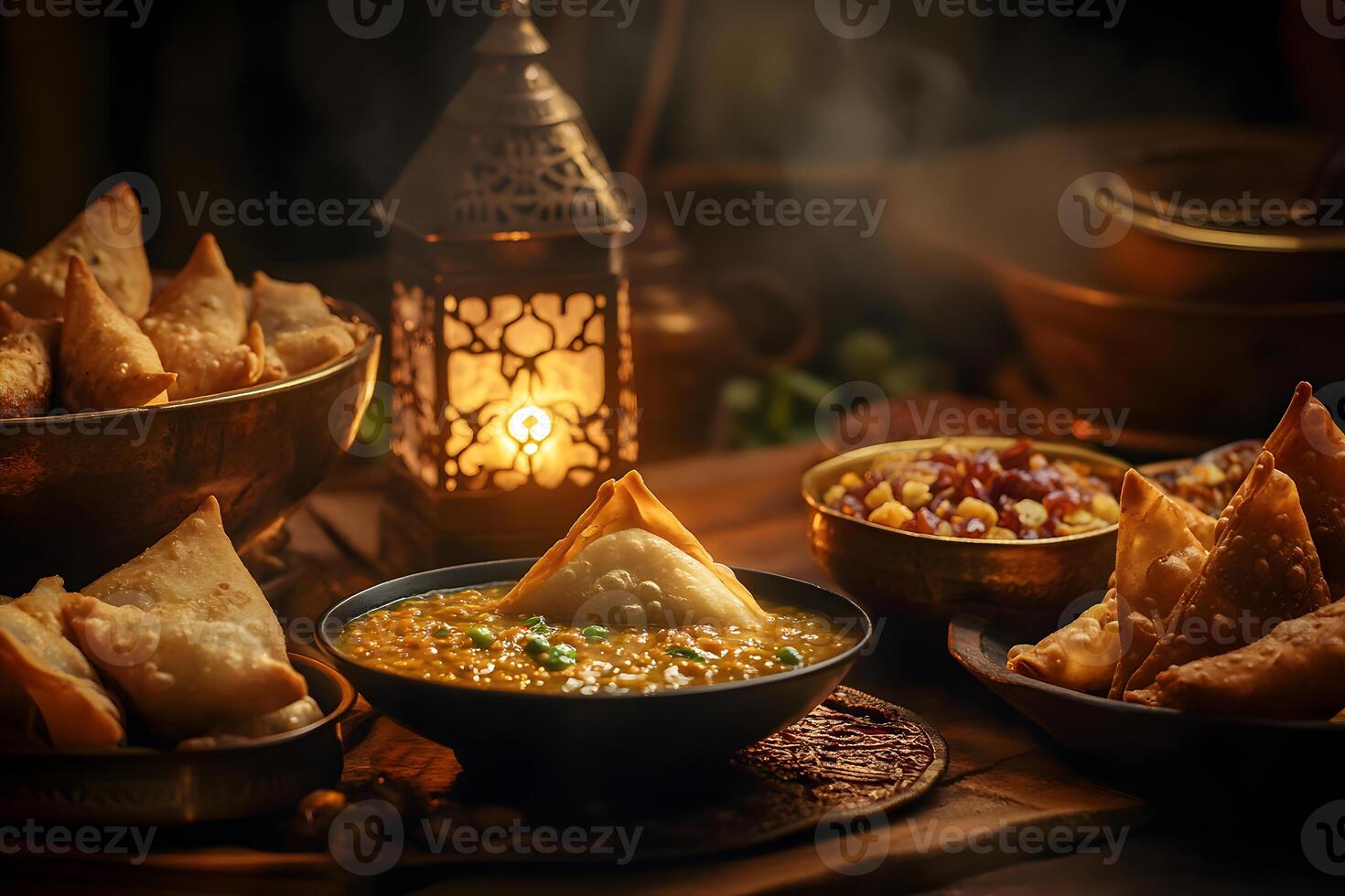Festive Ramadan table for iftar featuring samosas, lentil soup, dates, and baklava. photo