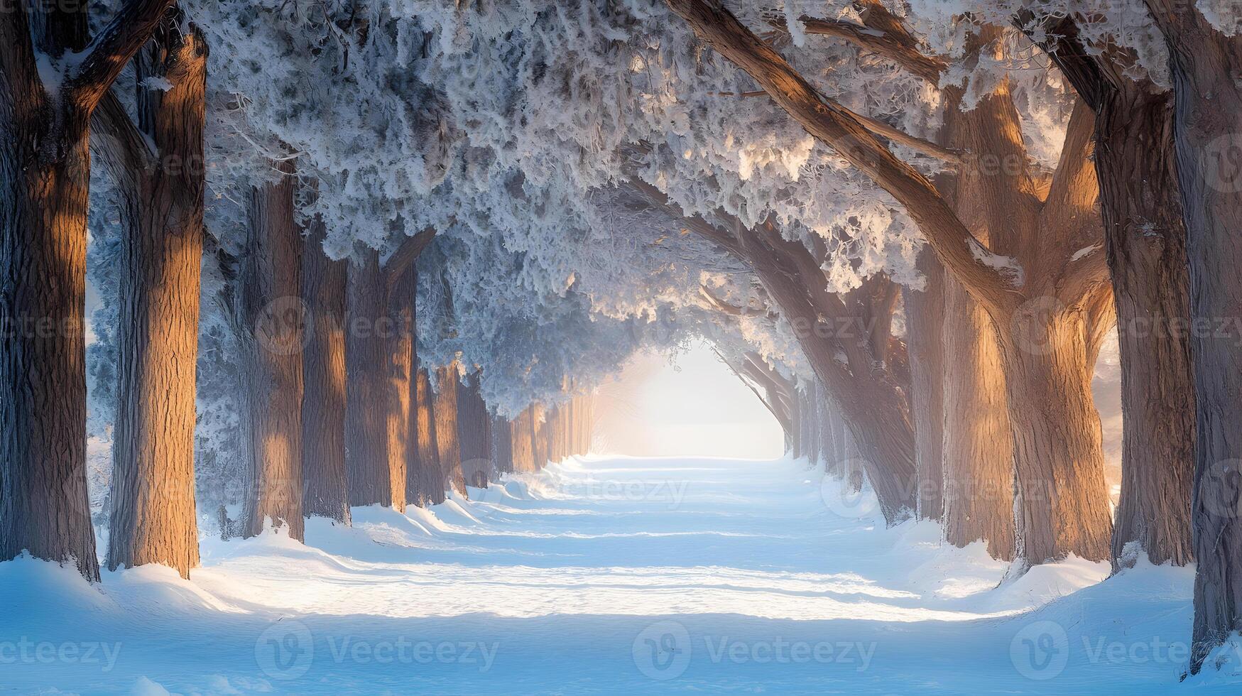 Winter path lined with tall trees and branches heavy with fresh snow, creating a tranquil snowy scene photo