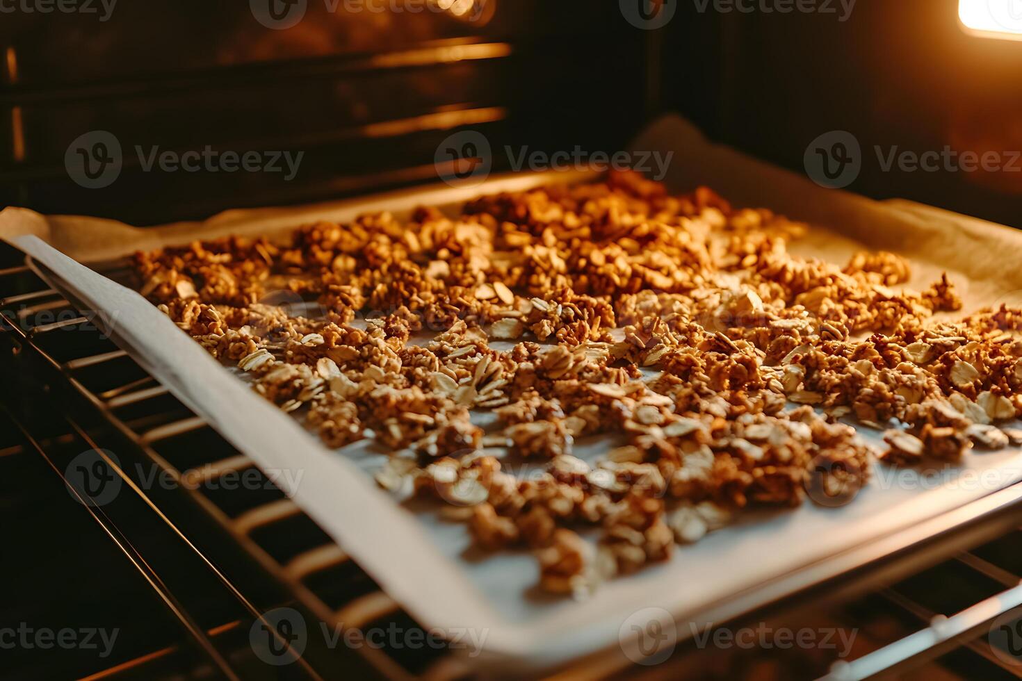Freshly baked granola on parchment paper, just pulled from the oven, golden and crisp for a nutritious homemade snack photo