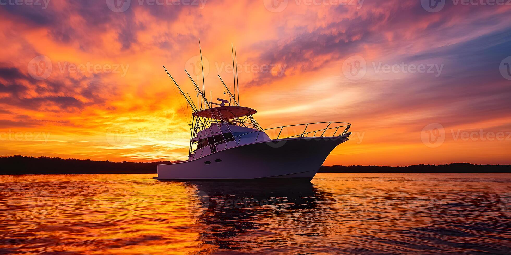 Silhouette of a boat on the horizon with a sky glowing in orange and pink hues at sunset photo