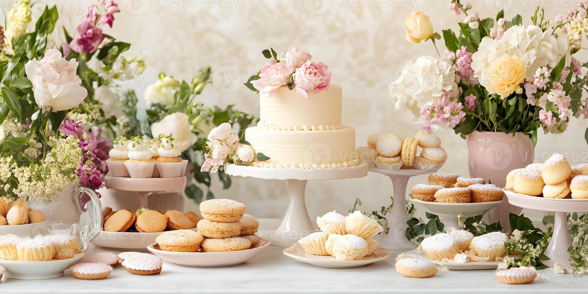 Elegant dessert table with tiered cake stands, variety of cookies, and delicate flowers as decoration photo