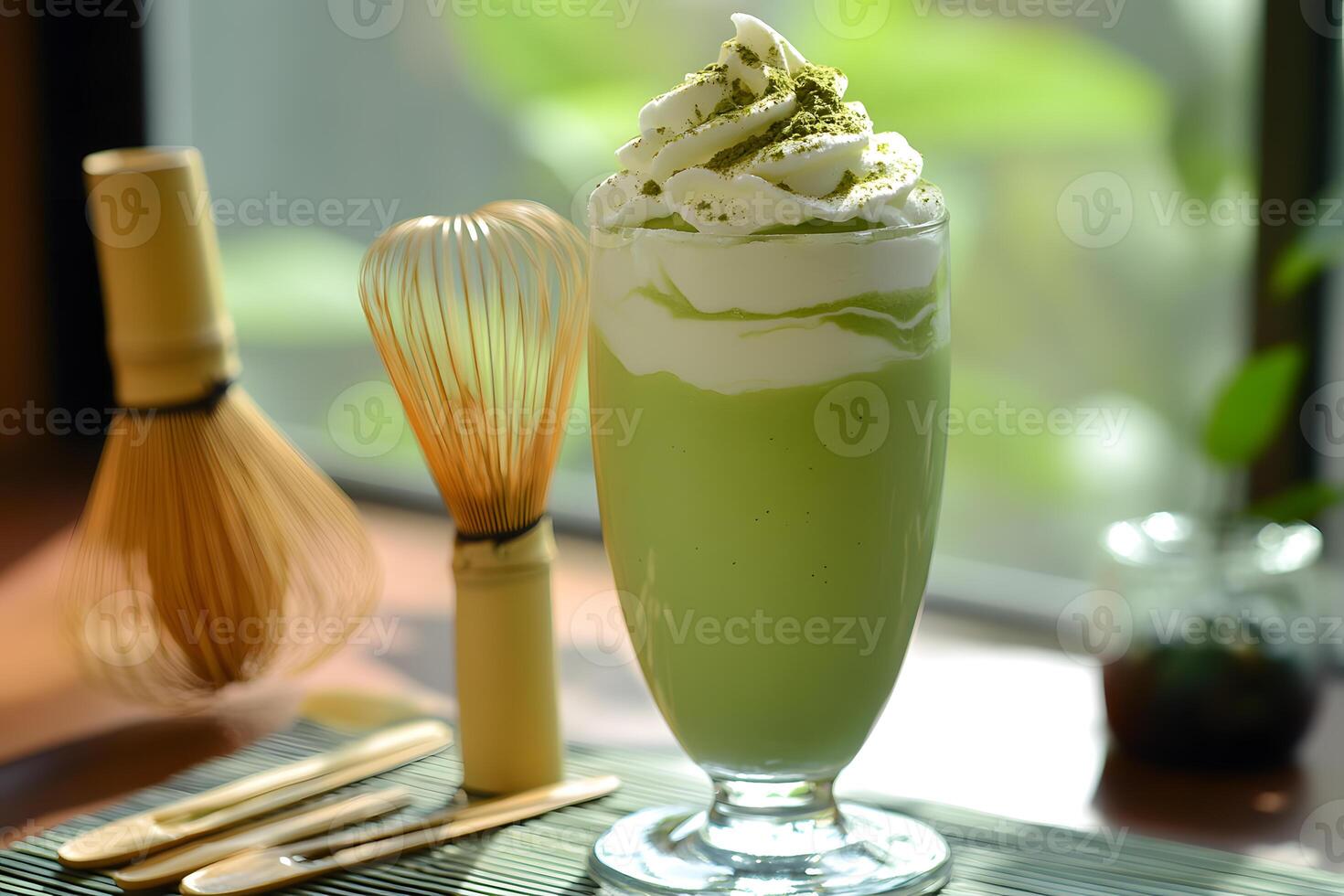 Refreshing layered matcha green tea smoothie in a tall glass with a swirl effect for a healthy and energizing drink photo