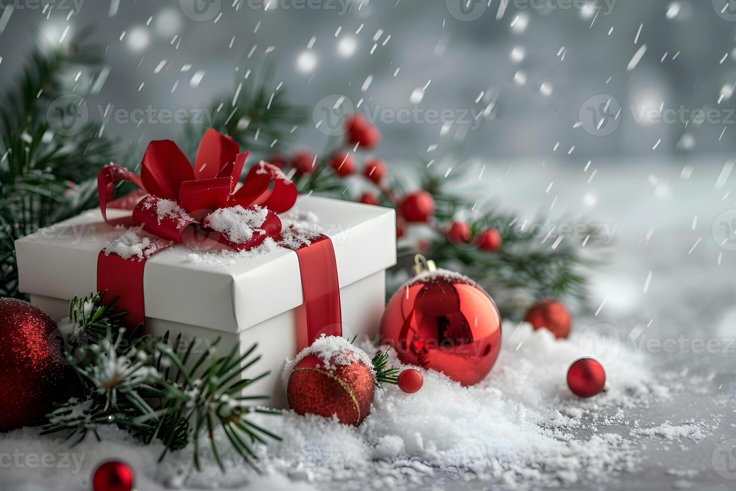 Christmas gift box with red ribbon and bow, resting on fresh snow, surrounded by green pine branches and red ornaments for a festive look photo