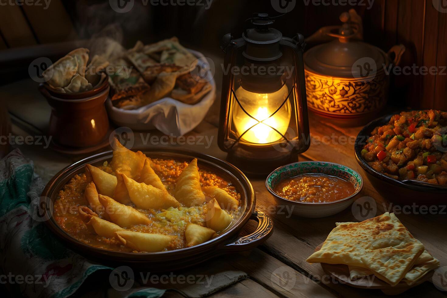 Iftar table with traditional Ramadan dishes like samosas, lentil soup, dates, and baklava. photo