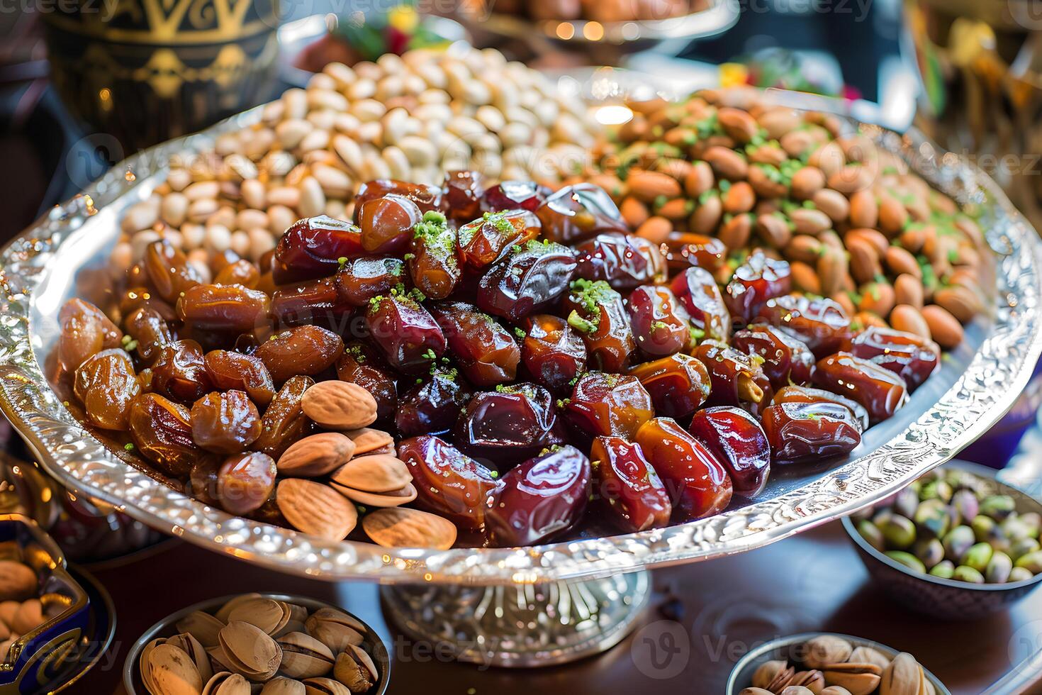 Arabian snacks featuring plump dried dates, crunchy pistachios, and toasted almonds, perfect for a traditional treat. photo