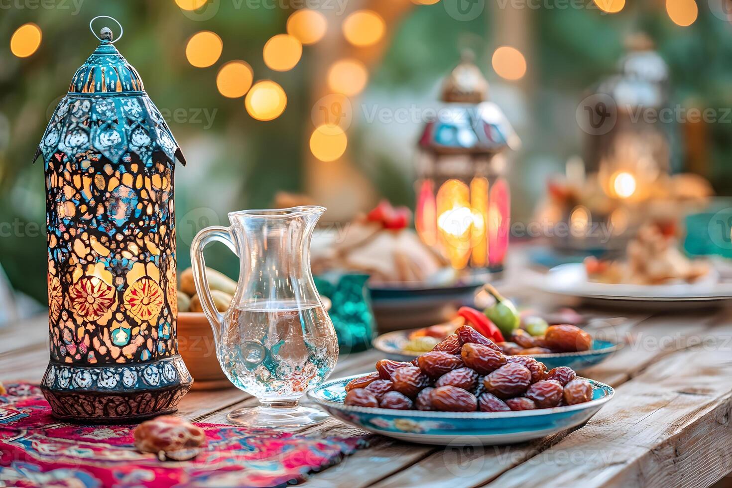 Traditional Ramadan table setting with dates, a glass of water, and glowing lanterns. photo