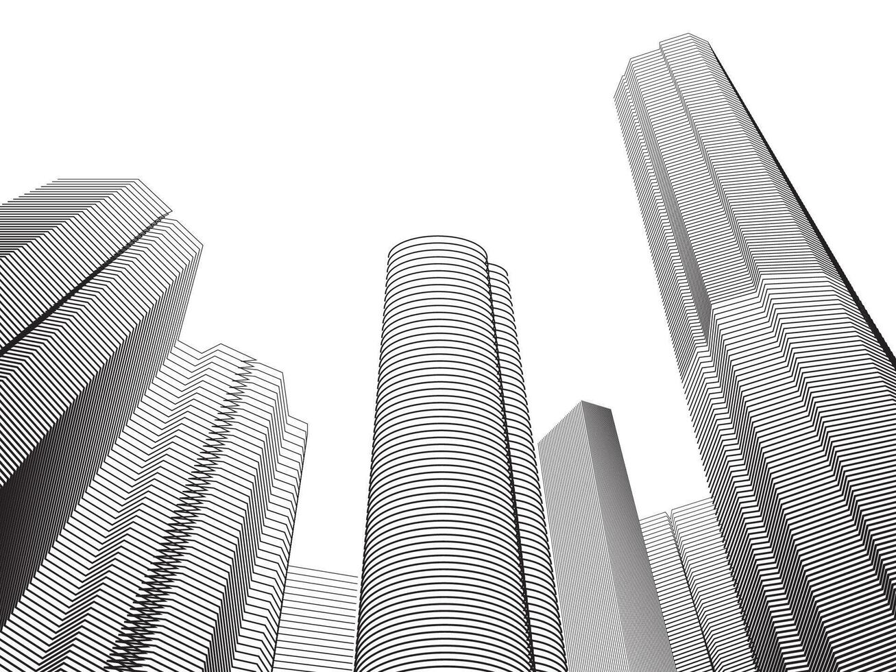 Illustration of various high-rise buildings with continuous lines on a white background. vector