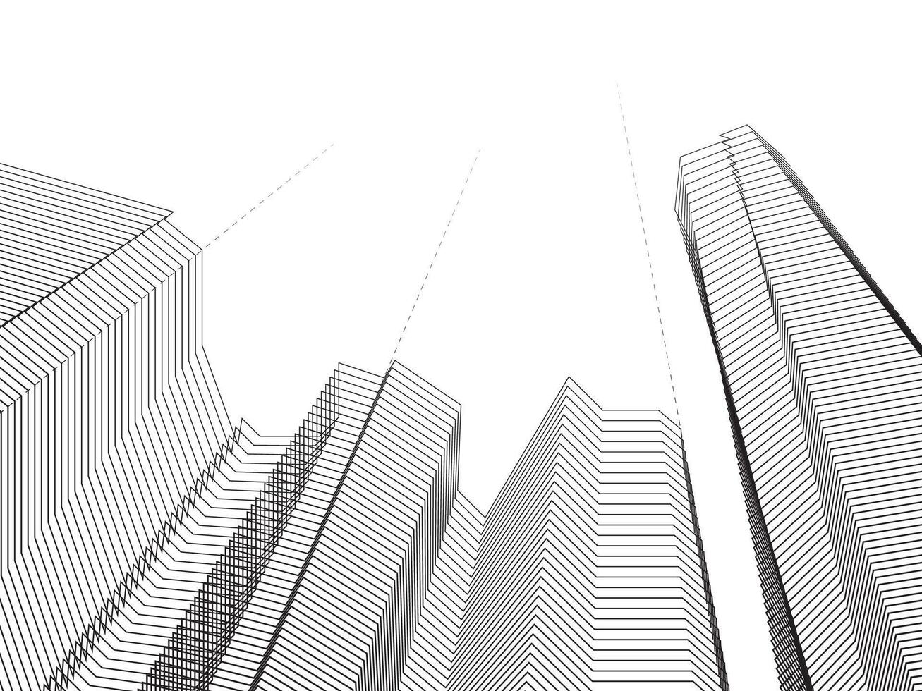 Illustration of polygonal building with continuous lines on white background. vector