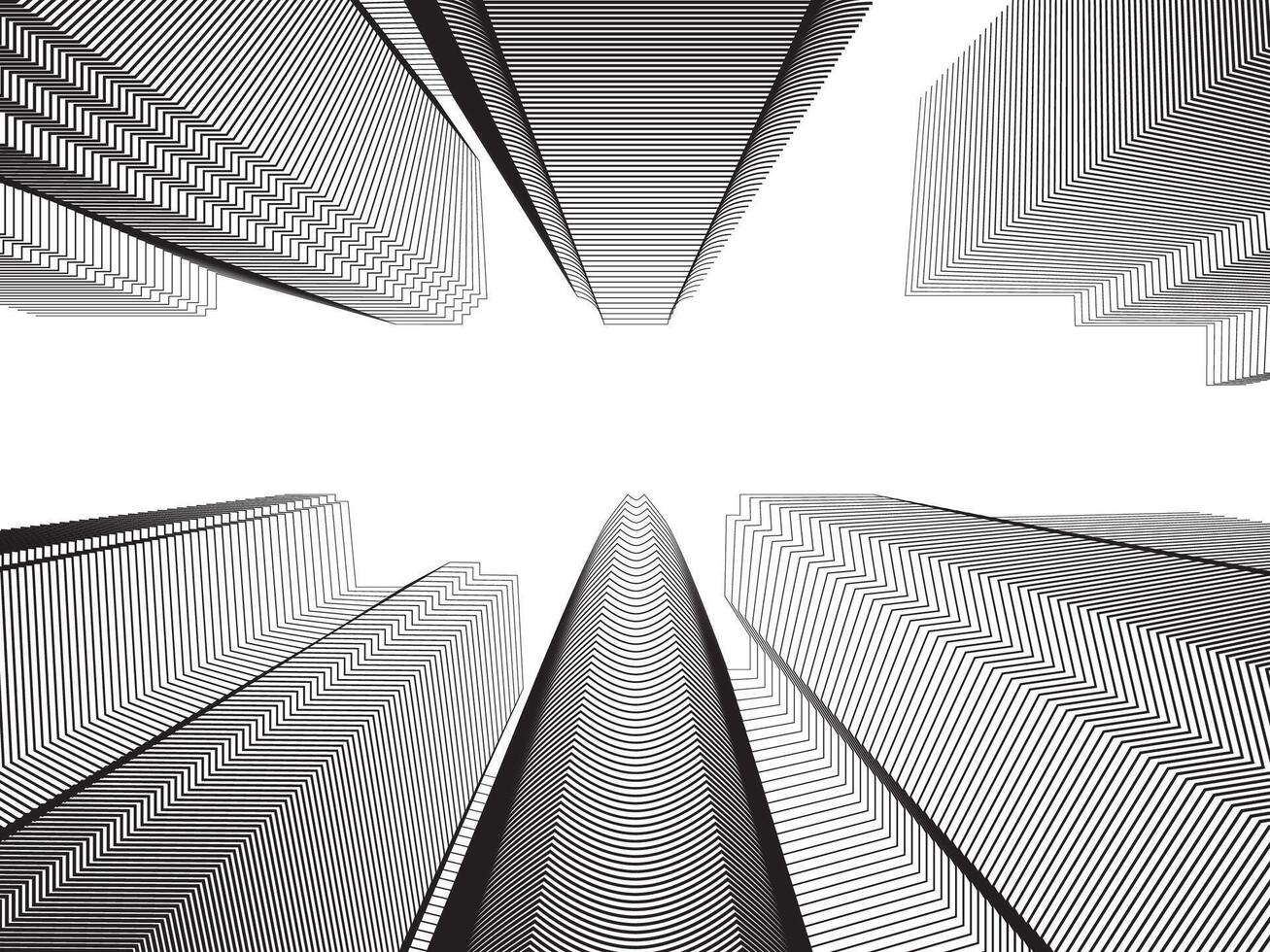 Illustration of high-rise buildings surrounding with continuous lines on white background. vector
