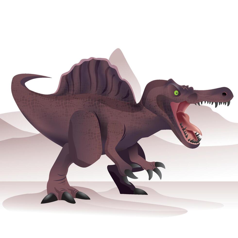 Isolated illustration of a spinosaurus dinosaur on a mountain background. vector