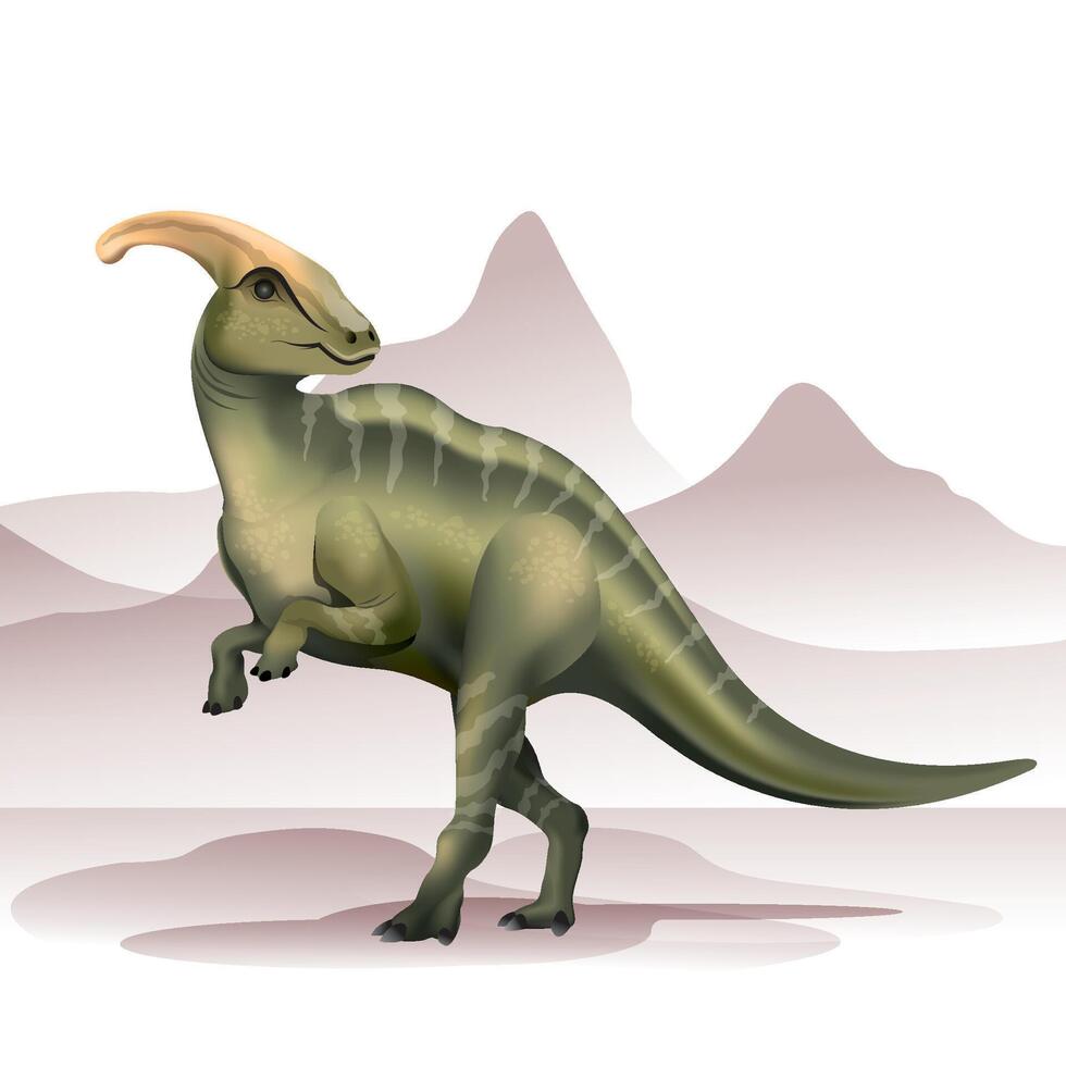 Isolated illustration of a Parasaurolophus dinosaur on a mountain background. vector
